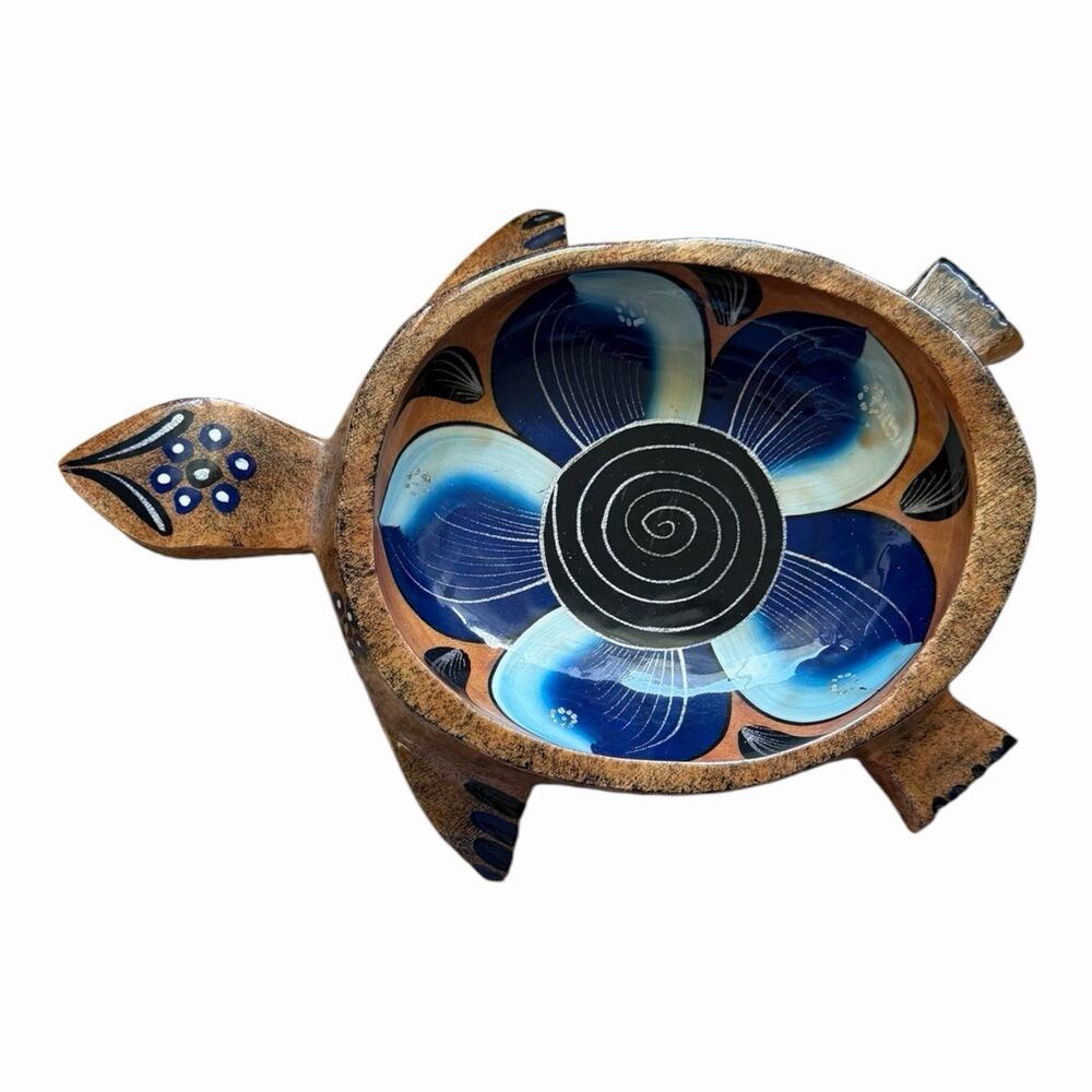 Painted Wooden Sea Turtle trinket Dish Tray Blue Flowers Trinket Dish Folk Art